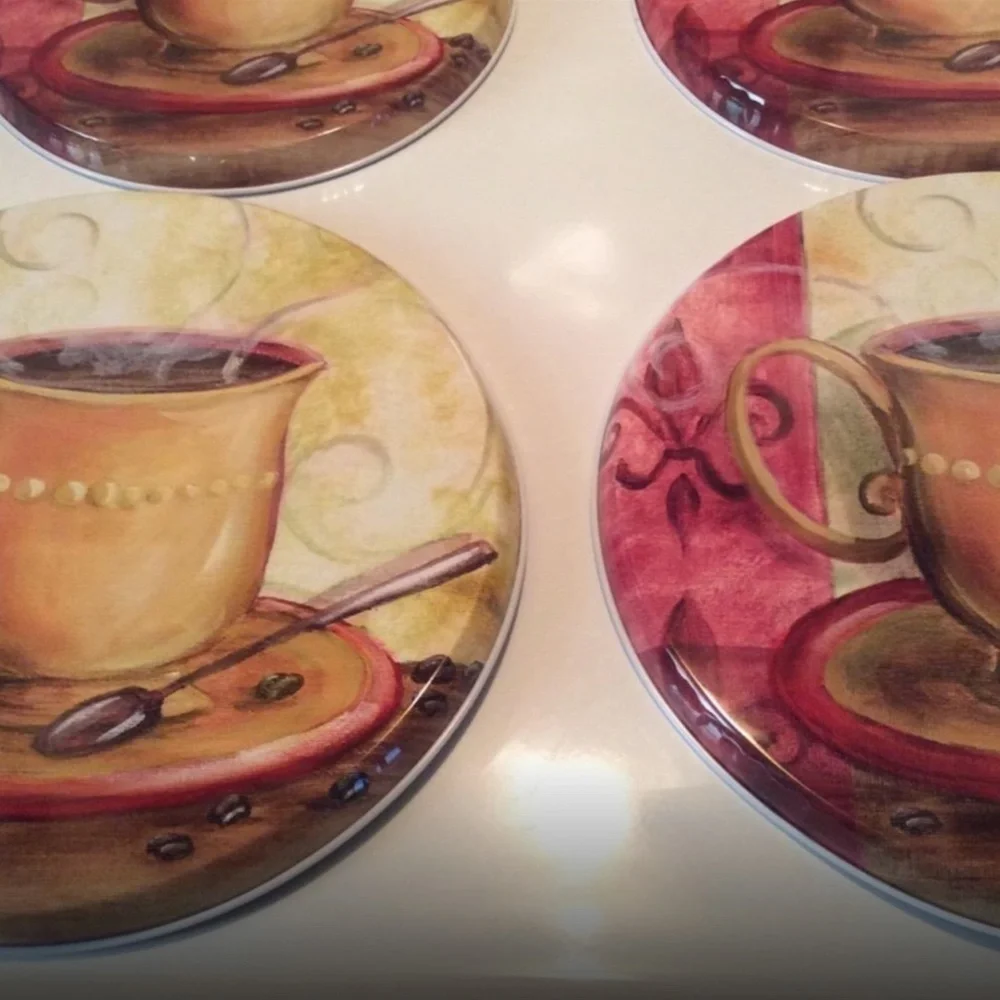 Stove Range Covers Coffee Themed Metal Round Set of 4 Gold Multicolor